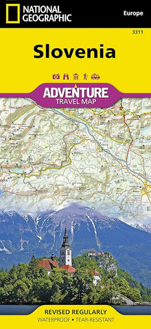National Geographic map of Slovenia with a scenic illustration on a yellow background