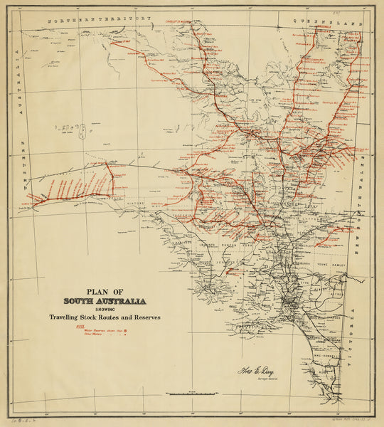Vintage map of South Australia with red lines indicating travelling stock routes and reserves.