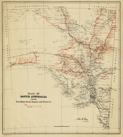 Vintage map of South Australia with red lines indicating travelling stock routes and reserves.