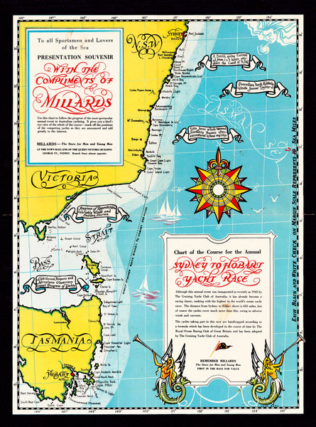 Sydney to Hobart Race Wall Map of Australia published 1959