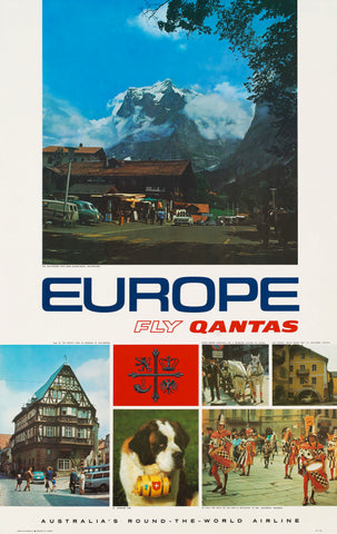 A vintage style travel poster featuring Europe with several cities and a mountain range. The poster has a blue sky background and includes an image of a cat wearing a hat, a horse-drawn carriage, and a group of people dancing.