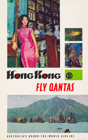 A vintage style travel poster featuring Hong Kong with a woman in a pink dress, a mountain range, and a vase with flowers. The text reads 'HONG KONG Fly Qantas'.