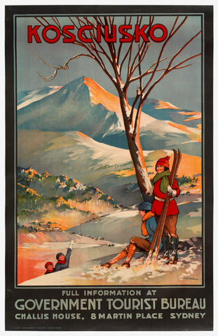 A vintage style travel poster depicting a snowy mountain range with a character in foreground, titled 'Kosciusko'.