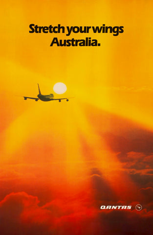 A vintage style travel poster featuring an airplane in flight against a sunset, with the text 'Stretch Your Wings' and 'Australia'.