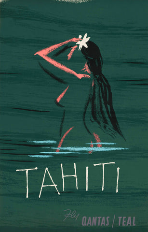A vintage-style travel poster featuring a stylized illustration of a woman with a floral lei in her hand, set against a teal background with a text overlay that reads 'Tahiti' and the Qantas logo.