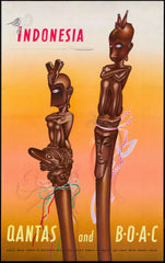 A vintage style travel poster featuring stylized illustrations of figures and text related to Indonesia and Qantas airlines, with a bold color palette and decorative elements.