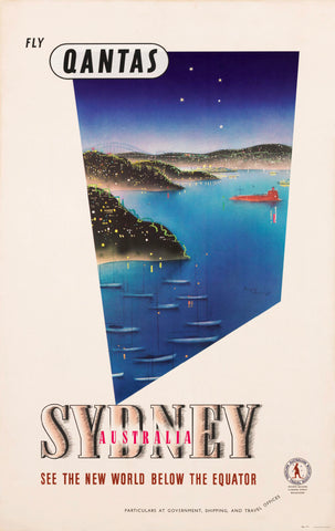Vintage Qantas advertisement for Sydney, Australia with a scenic view of a city by a body of water.