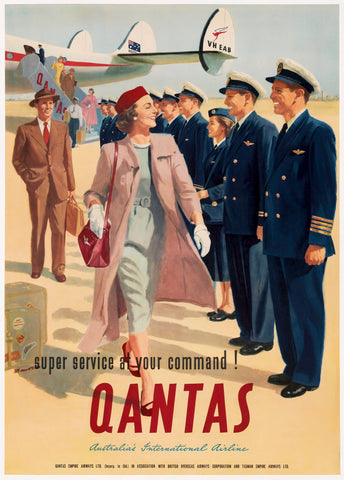 A vintage style poster featuring a group of people, including a woman with a hat and a man in a navy uniform, walking towards an airplane. The text 'Qantas' and 'Super Service at your command!' is visible, along with the Qantas logo.