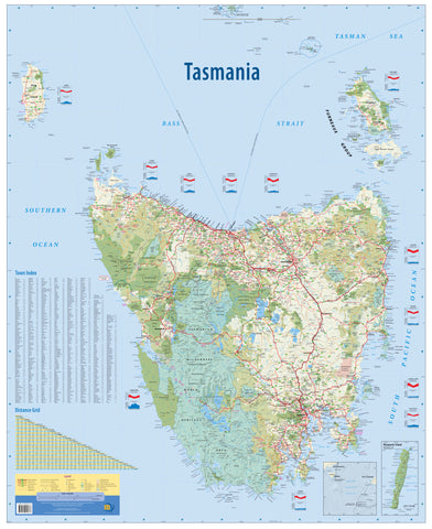 Map of Tasmania with geographical features and labels.