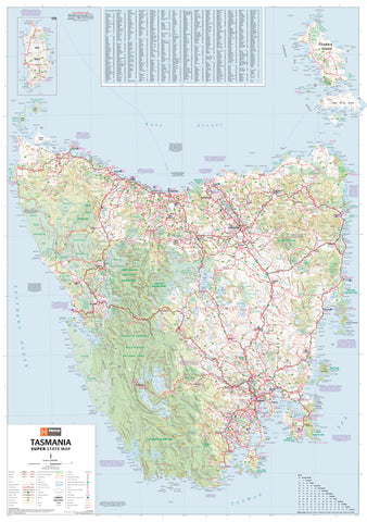 Map of Tasmania with roads and topography on a light blue background