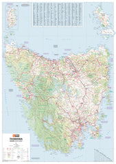 Map of Tasmania with roads and topography on a light blue background