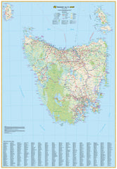 Map of Tasmania with roads and towns labeled on a blue background