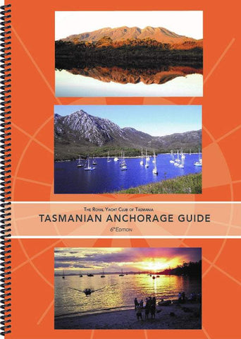 Tasmanian Anchorage Guide book with scenic images of mountains and lakes on an orange cover.