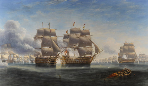 The Opening Engagement at Trafalgar; H.M.S. 'Royal Sovereign' raking the stern of the Spanish flagship 'Santa Ana' by JW Carmichael