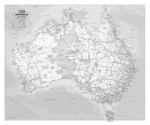 Map of Australia with roads and regions on a gray background
