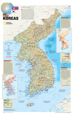 Map of the two Koreas with geographical and political details.