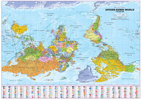 Map of the world with a unique orientation, featuring various countries and oceans.