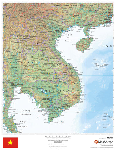 Map of Southeast Asia with a focus on Thailand, Cambodia, and Vietnam, featuring a flag in the corner.