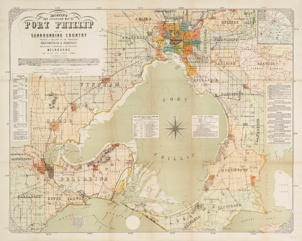 Vintage map of Port Phillip and surrounding areas with detailed geographical features.