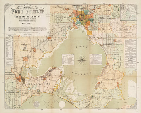 Vintage map of Port Phillip and surrounding areas with detailed geographical features.