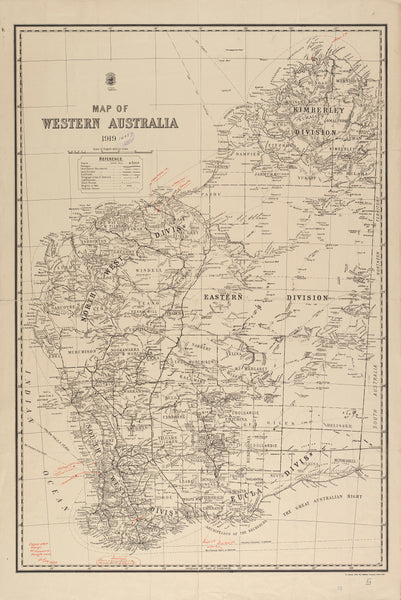 Vintage map of Western Australia from 1879, showing geographical divisions.