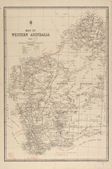 Vintage map of Western Australia from 1879, showing geographical divisions.