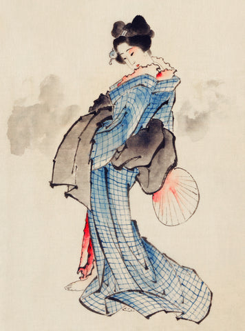 Woman, full-length portrait, standing, facing left, holding fan in right hand, wearing kimono with check design (1830-1850) by Katsushika Hokusai