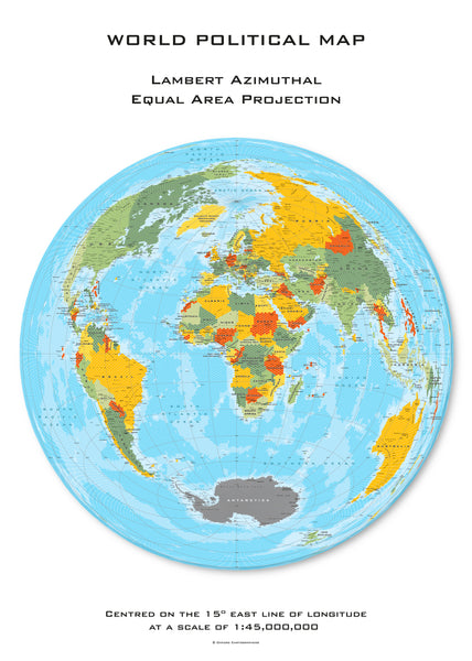 World Political Hexagons centred on 15° East Wall Map 594 x 841mm