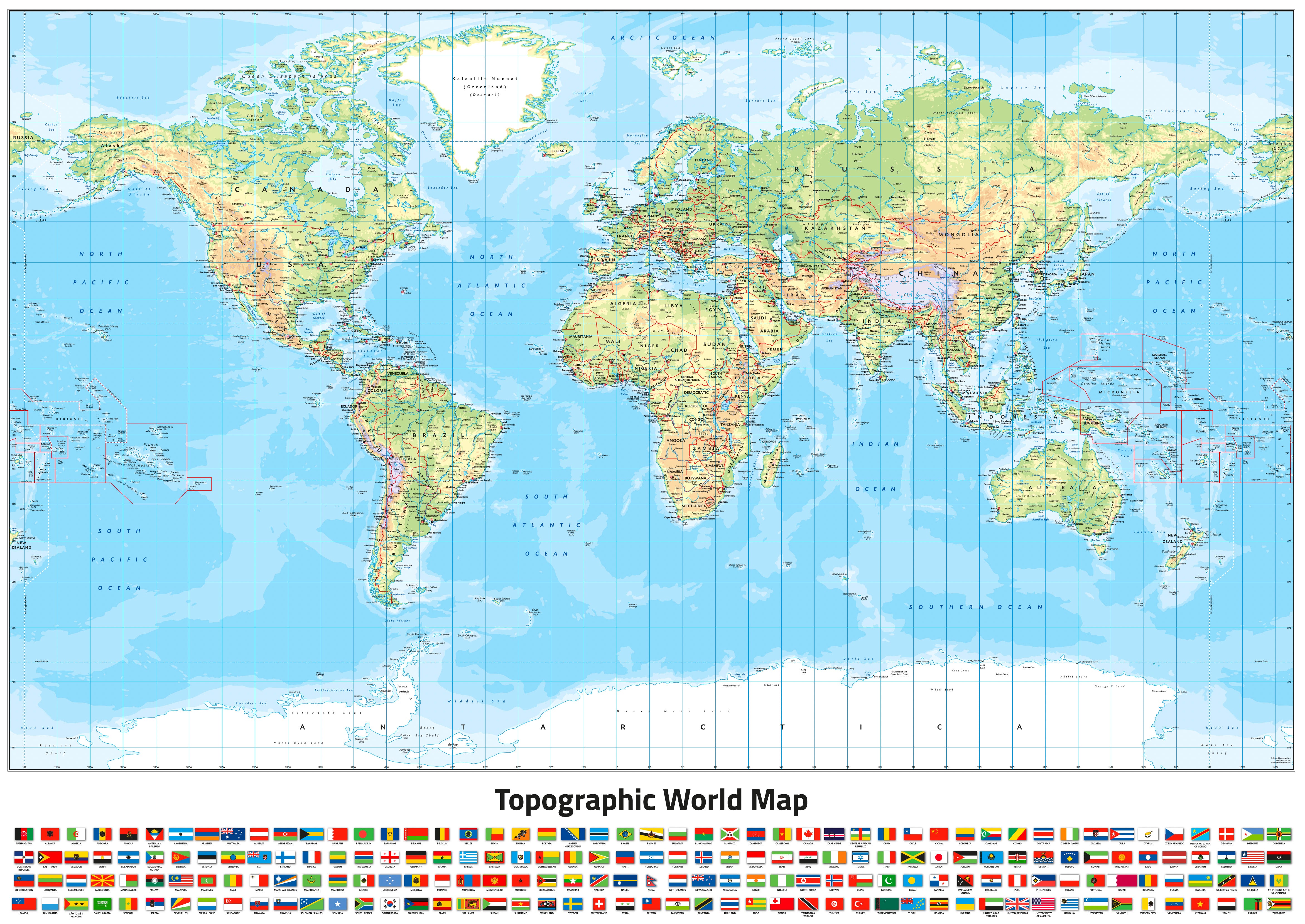 Topography Map Projection World Topographic (Miller projection) Wall Map | Mapworld