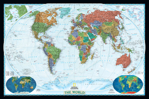 World map with National Geographic logo, showing continents and oceans.