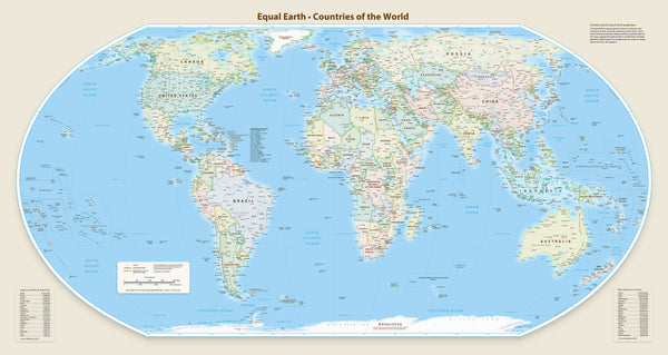 A full-color world map poster titled 'Equal Earth - Countries of the World' showing continents in soft pastel shades over a light blue ocean, with a beige border and informational panels.