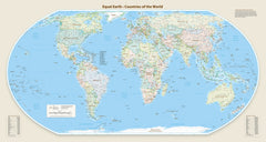 A full-color world map poster titled 'Equal Earth - Countries of the World' showing continents in soft pastel shades over a light blue ocean, with a beige border and informational panels.