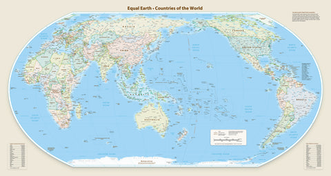 A world map poster titled 'Equal Earth - Countries of the World' shown in an oval projection on a beige background. The map features light blue oceans with many countries rendered in soft pastel shades of pink, green, yellow, and white, complete with labels and informational boxes.