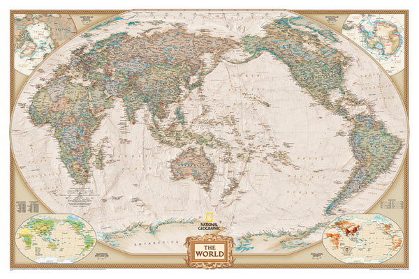 World map with detailed geographical features, framed by a decorative border.