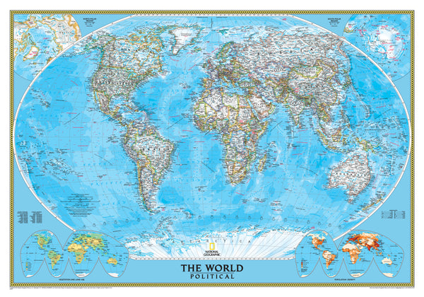 World map with political boundaries on a blue background