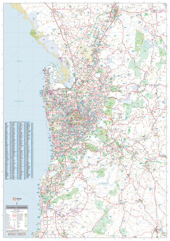 Laminated wall map of Adelaide and its region showing roads, postcodes, and natural features, with a scale of 1:56,000 on 1000 x 1430mm size, including hang rails.