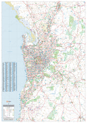 Laminated wall map of Adelaide and its region showing roads, postcodes, and natural features, with a scale of 1:56,000 on 1000 x 1430mm size, including hang rails.