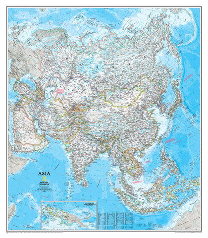 A colorful map of Asia, showing countries, bodies of water, airports, major roadways, and railroads. The map is filled with details and is displayed on a white background.