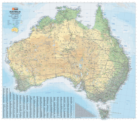 A large canvas wall map of Australia displaying detailed road information and terrain shading, with hang rails attached at the top.
