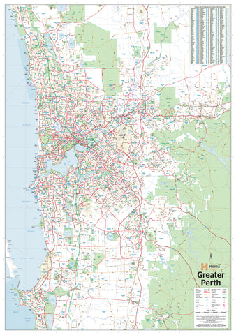 A detailed map of the Greater Perth area, showing roads, route numbers, and postcodes, printed on a laminated surface.