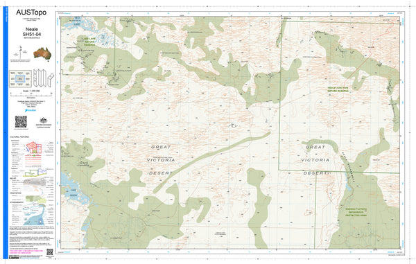 A topographical map of the Great Victoria Desert region, labeled AUSTopo, showing terrain shading, roads, and labeled geographical features on a white background.