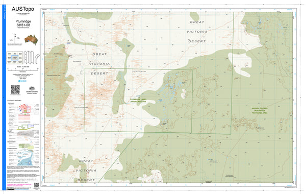 A detailed topographical map of Great Victoria Desert, Australia, from AUSTopo, showing terrain features, grid lines, labels, and a comprehensive map legend on the left side.