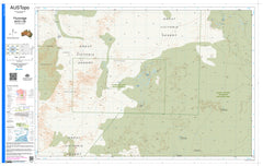 A detailed topographical map of Great Victoria Desert, Australia, from AUSTopo, showing terrain features, grid lines, labels, and a comprehensive map legend on the left side.