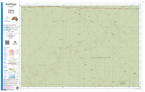 A topographical map of the Nullarbor Plain, labeled AUSTopo, featuring a pale green background with fine brown contour lines, roads, and grid lines, with a detailed sidebar on the left containing maps, labels, and QR codes.