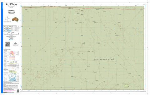 A topographical map of the Nullarbor Plain, labeled AUSTopo, featuring a pale green background with fine brown contour lines, roads, and grid lines, with a detailed sidebar on the left containing maps, labels, and QR codes.