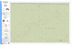 A topographical map of the Nullarbor Plain, labeled AUSTopo, featuring a pale green background with fine brown contour lines, roads, and grid lines, with a detailed sidebar on the left containing maps, labels, and QR codes.