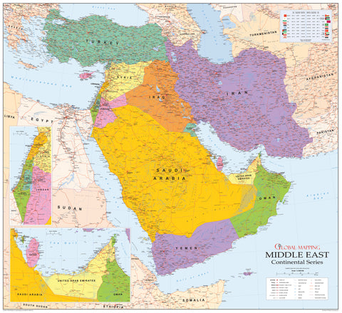 政治 wall map of the Middle East with detailed regions and country borders, featuring a predominantly beige and green color scheme.