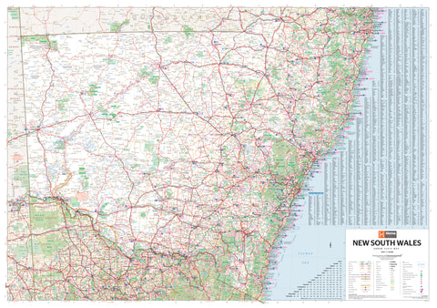 Laminated wall map of New South Wales showing towns, cities, and roads, with a scale of 1:1,100,000 on 1430 x 1000mm paper.