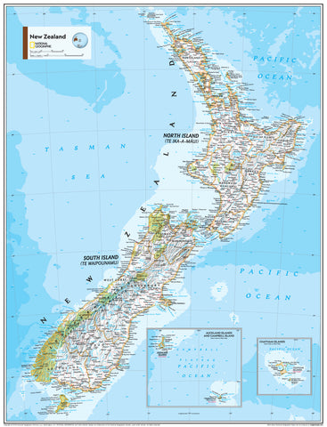 A detailed map of New Zealand showcasing political and physical features, titled 'New Zealand Atlas of the World, 11th Edition, National Geographic Wall Map'.