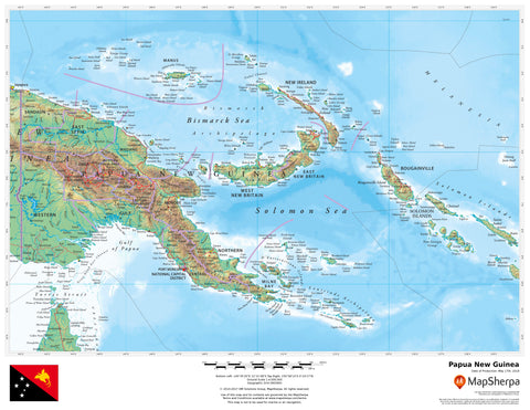 A wall map of Papua New Guinea, showing both physical and political features, with a color representation of relief shading and sea levels.